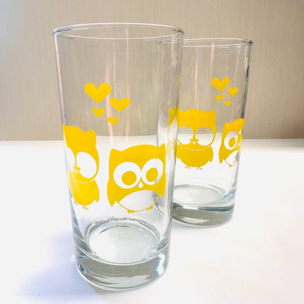A Pair Vintage Yellow Owl Hearts Drinking Glasses Drinkware Barware